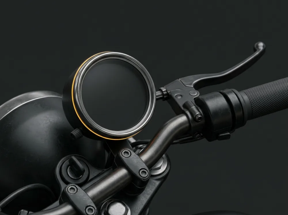 Närbild på motorcykelns mätare, styre och handtag, detalj från MC redo för vinterförvaring